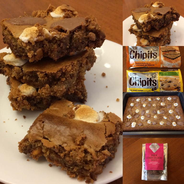 Collage of blondies and some ingredients used. 