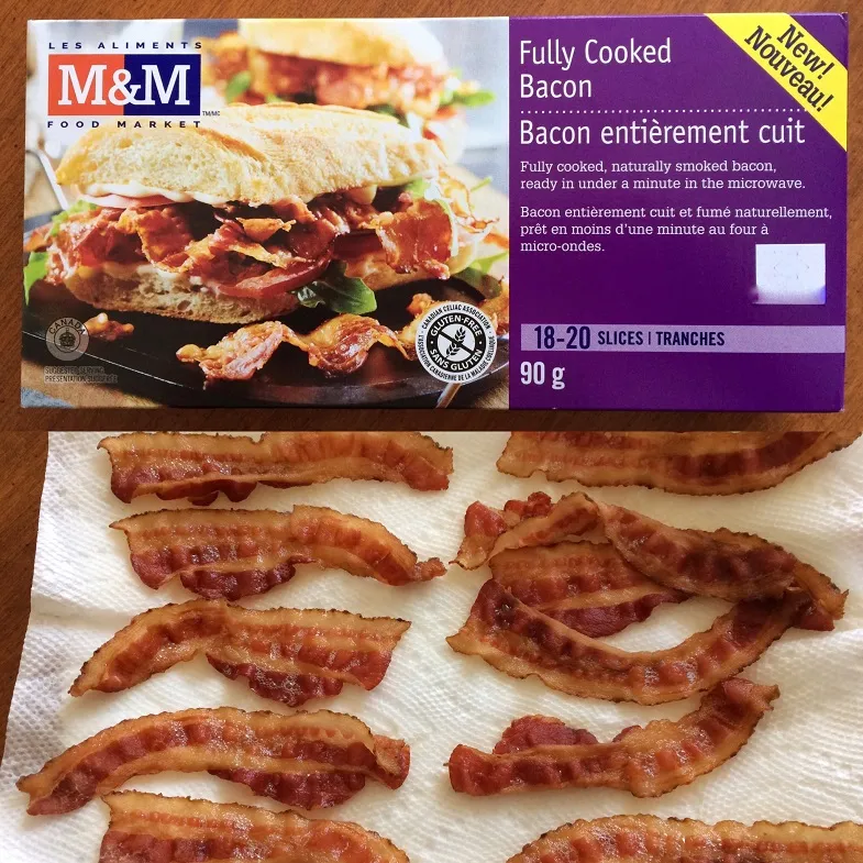 m & m gluten free fully cooked bacon package with the cooked bacon slices on a plate