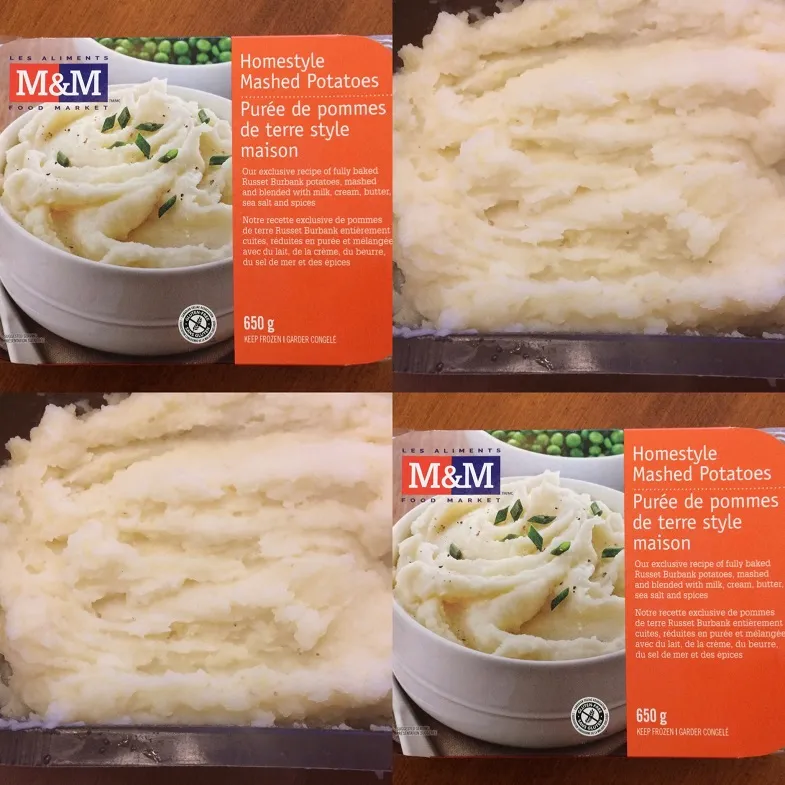 collage photo of m & m's gluten free mashed potatoes