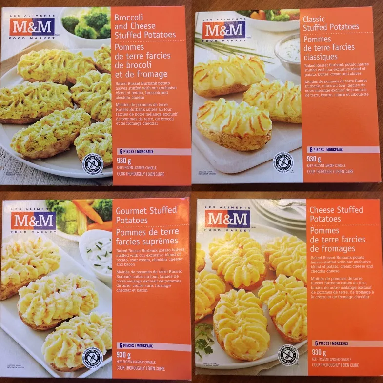 collage photo of four different varieties of m & m's gluten free stuffed potatoes