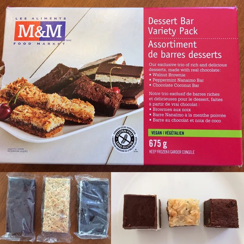 collage photo showing m & m's gluten free dessert bar variety pack