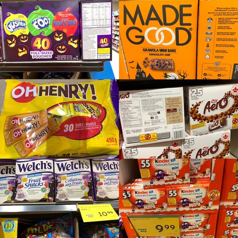 2023 gluten-free halloween candy, granola bars, and chocolate bars