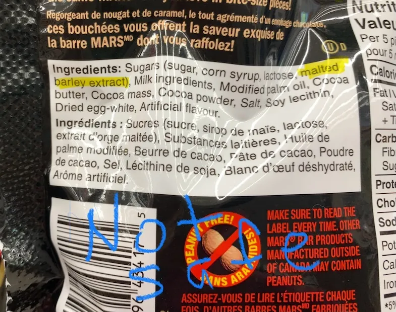 Mars Bar NOT GLUTEN FREE ingredients list shows barley