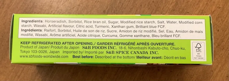 S&B's wasabi paste ingredients list