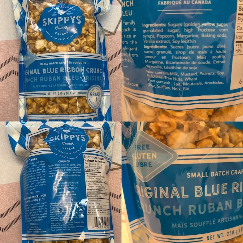 Skippy's Gluten-free caramel corn showing a may contain statement