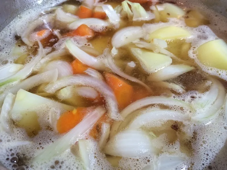 pot of nikujaga after adding water and seasonings