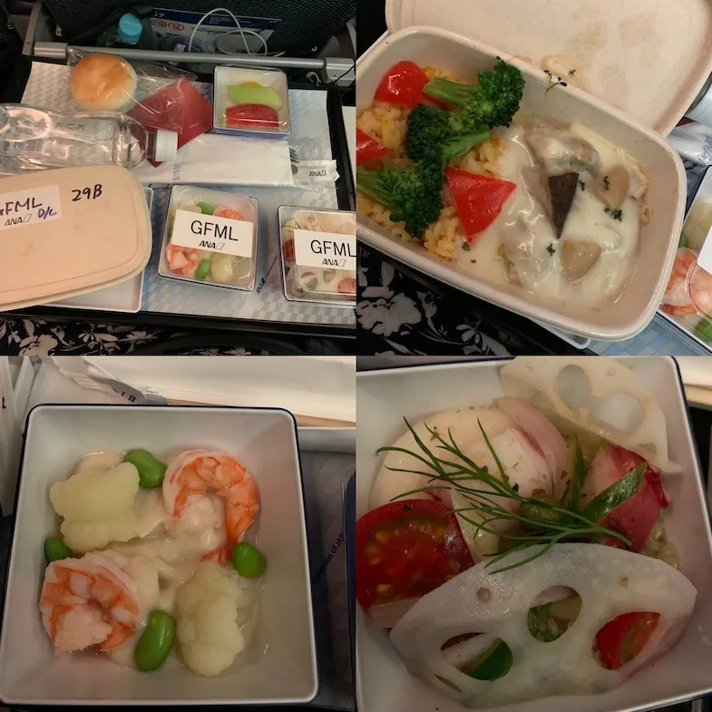 Gluten-Free ANA flight dinner meal collage going to Japan