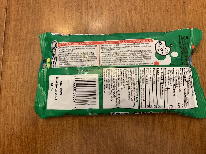 back of Hershey's Gluten-Free Holiday Chipits package