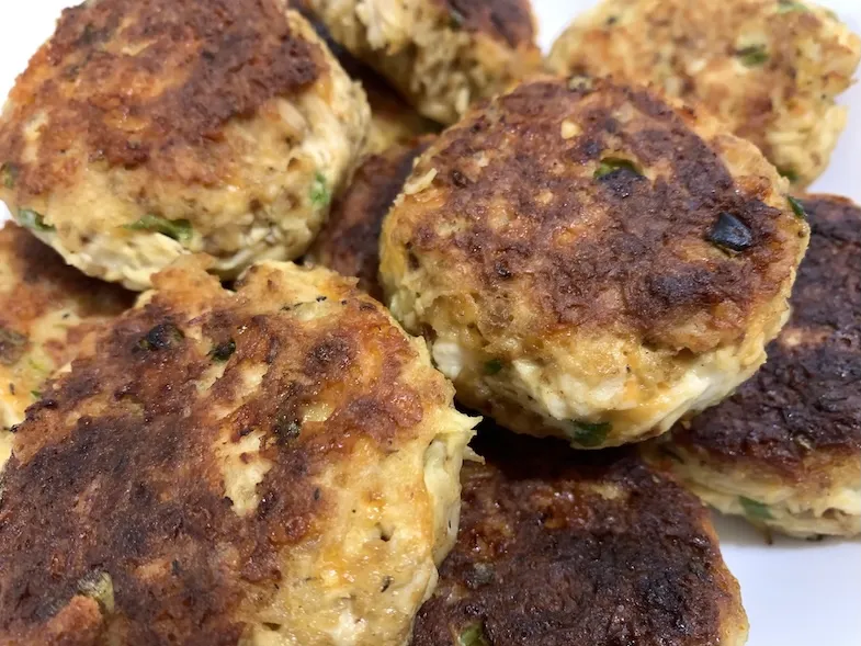 close up photo of gluten-free leftover chicken patties on a plate