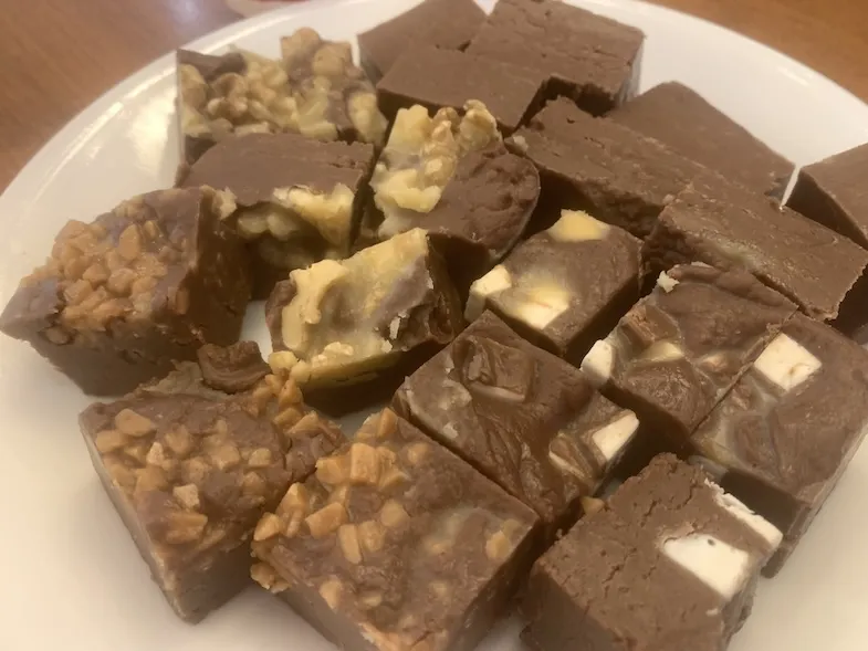 close up of the different varieties of gluten-free milk chocolate fudge