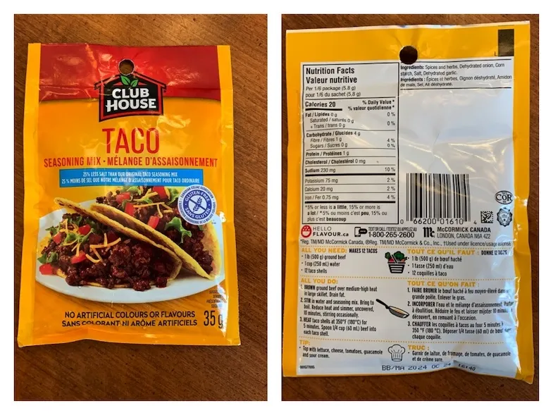 Club House gluten free Taco seasoning package