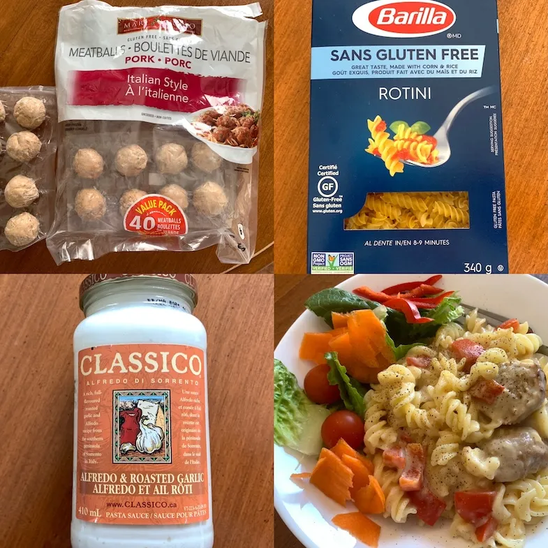 collage photo of main ingredients in my gluten free creamy pasta and meatball dinner