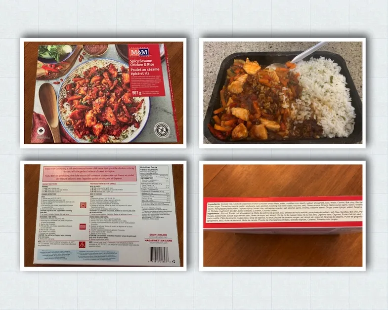 collage of m and m gluten free spicy sesame chicken and rice