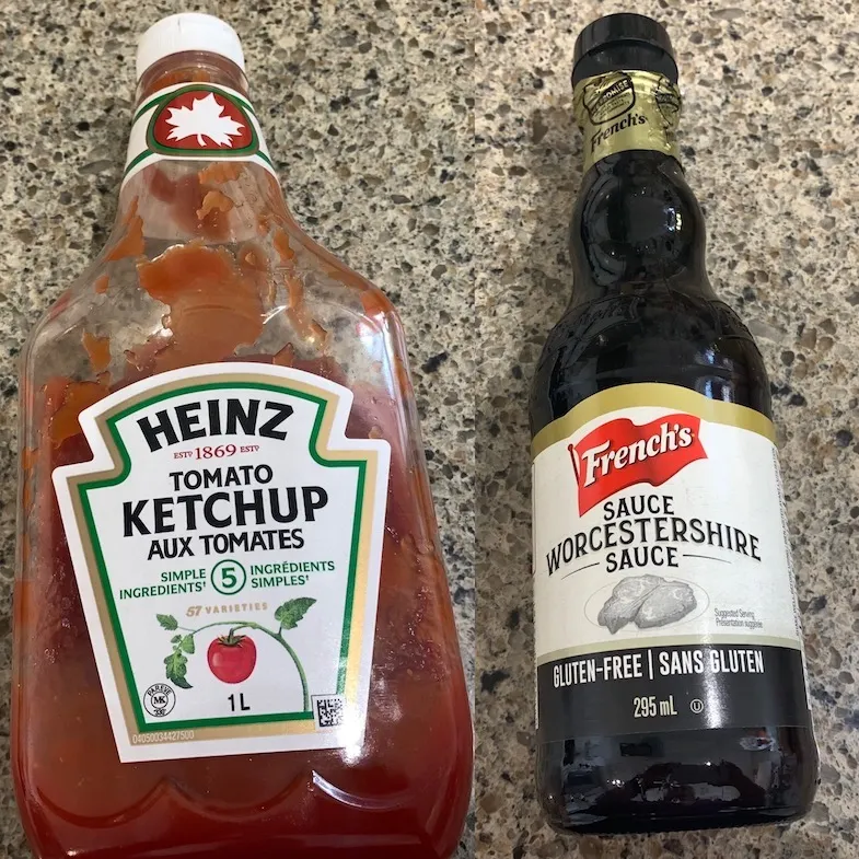 Collage photo of a Heinz Ketchup bottle and a French's gluten-free Worcestershire sauce