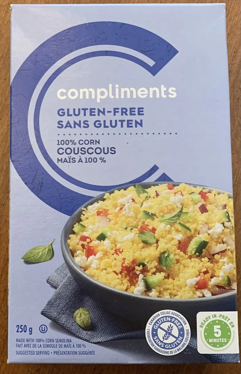 Compliments gluten-free couscous package showing the GFCP trademark