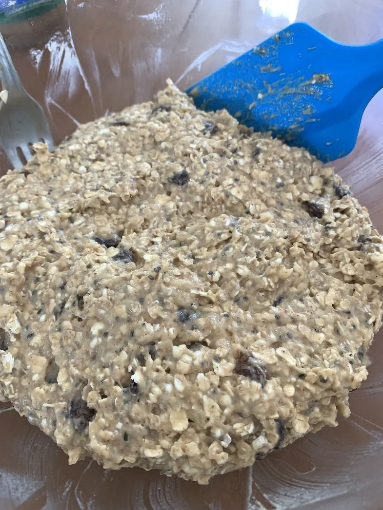 all ingredients for the gluten-free vegan banana and peanut butter oat cookies mixed together in a bowl