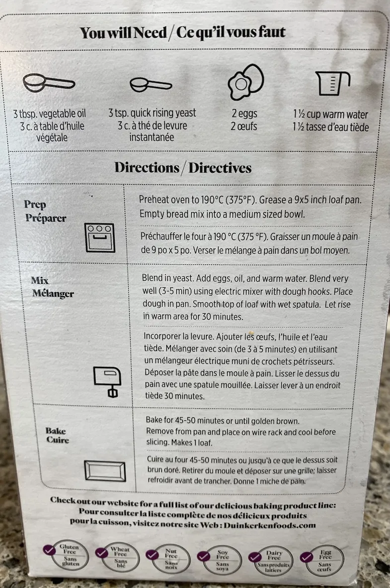 back of duinkerken gluten free bread mix