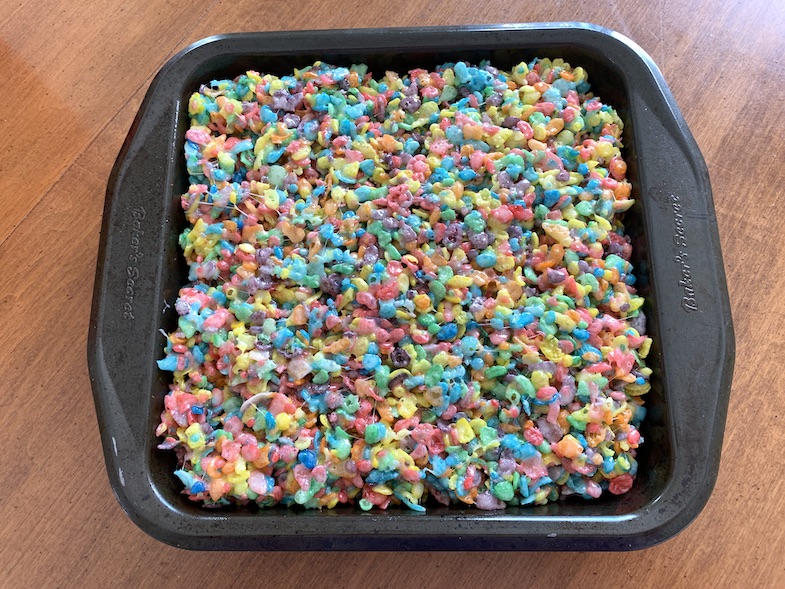 fruity pebbles marshmallow cake in pan