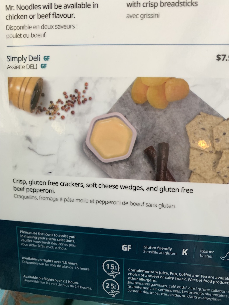 photo of WestJet gluten friendly menu