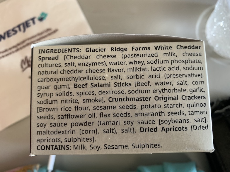 photo of WestJet gluten free snack box ingredients list