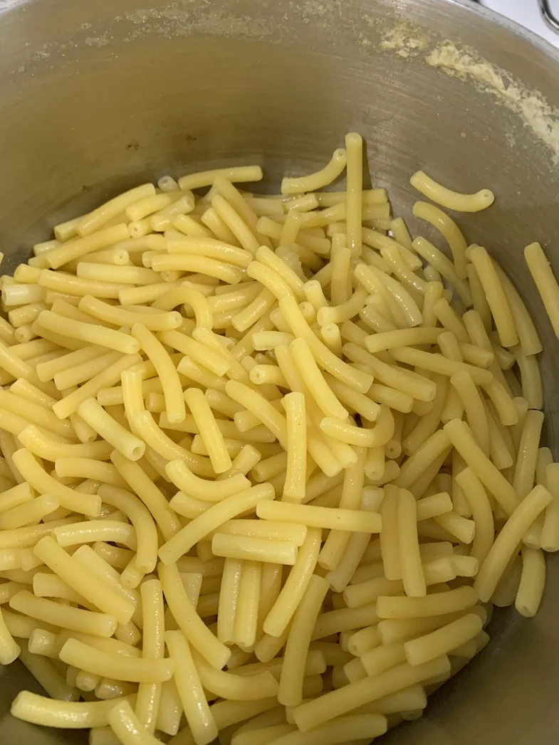 cooked gluten-free KD pasta in a pot