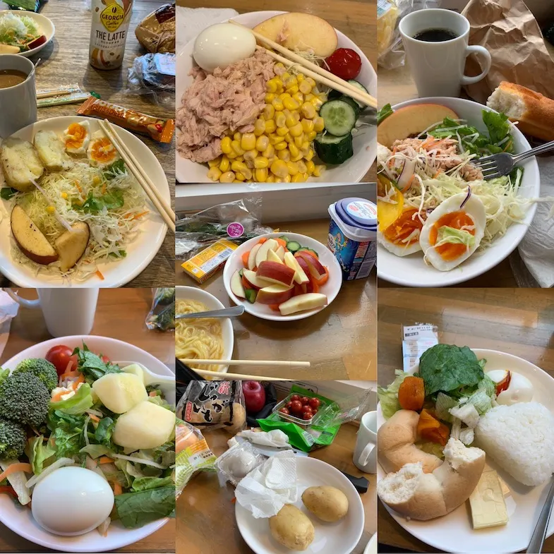 a collage of some DIY gluten-free meals put together from items found at Japanese convenience stores, supermarkets and gluten-free bakeries