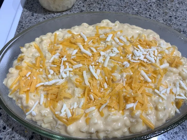 photo of the gluten-free macaroni and cheese in a casserole dish just before putting in the oven