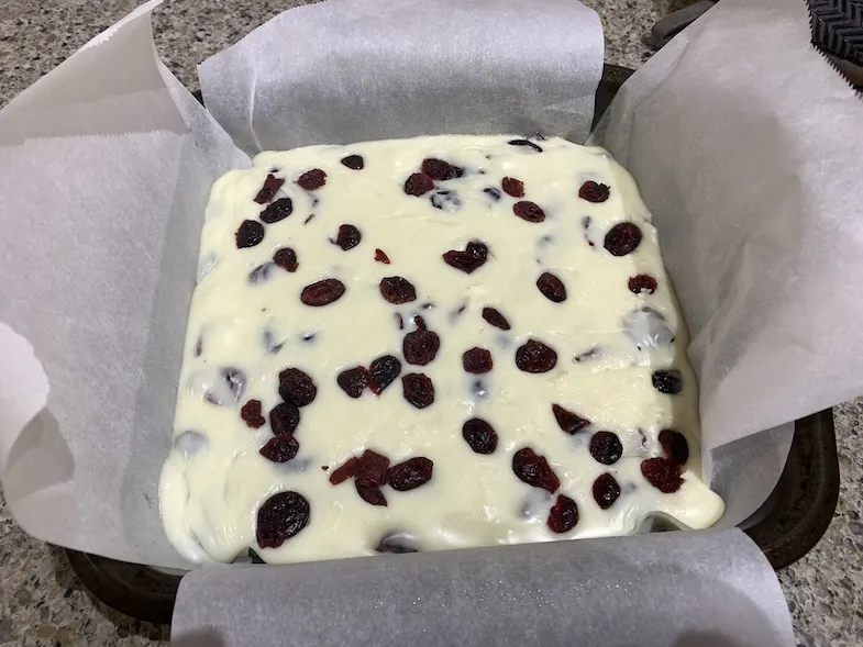 gluten free white chocolate cranberry fudge in a pan