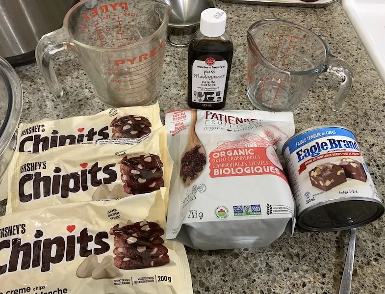 ingredients for gluten free white chocolate and cranberry fudge