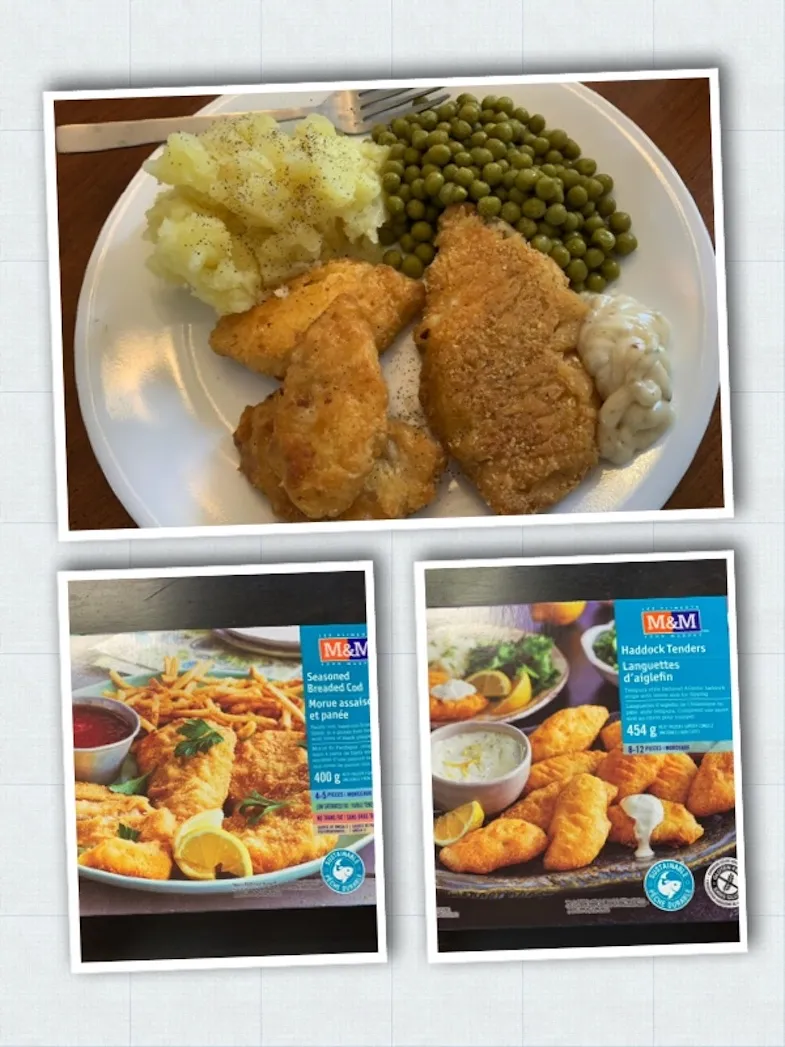 collage of m and m's gluten free haddock tenders and seasoned breaded cod