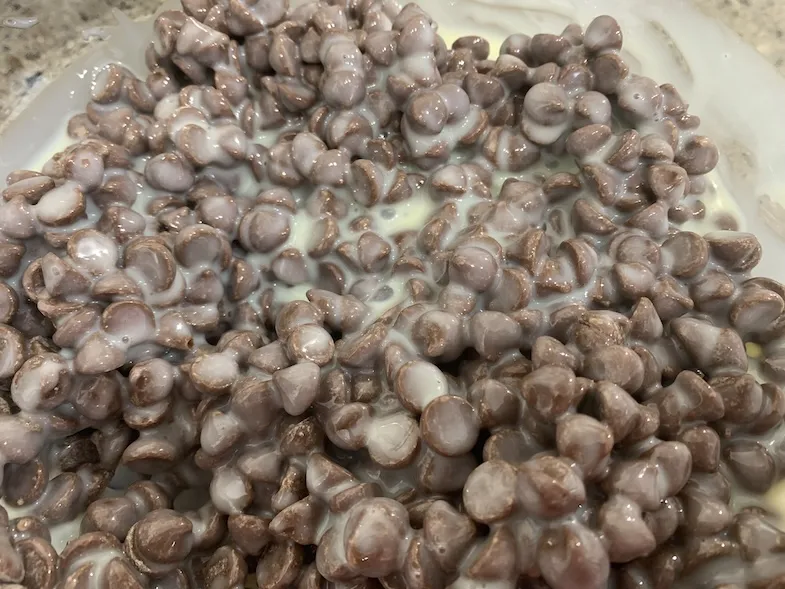 milk chocolate chips and condensed milk in a bowl