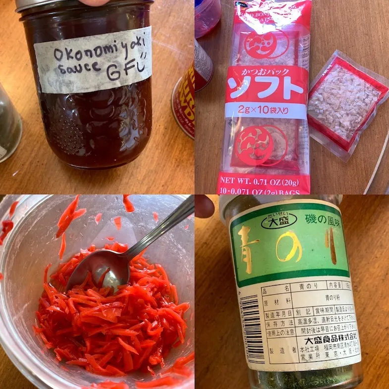 collage of toppings for the okonomiyaki