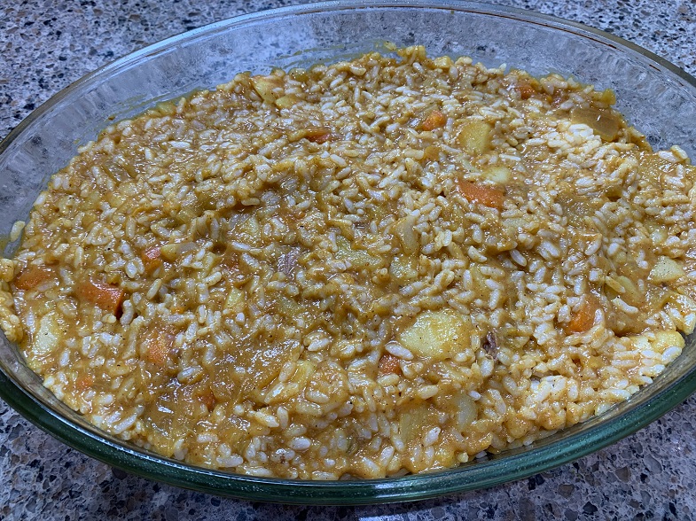 rice and curry in casserole dish