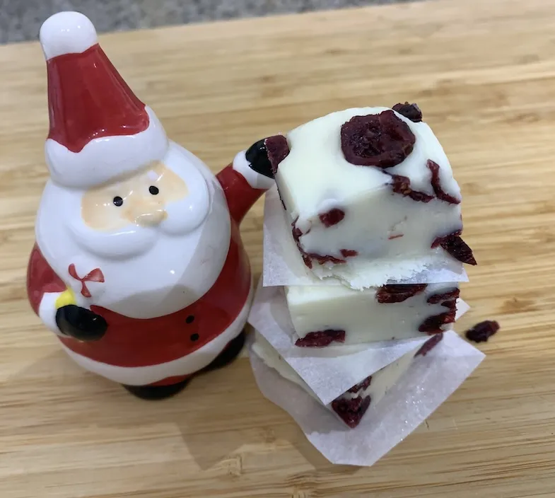 Santa figurine with a stack of gluten free white chocolate and cranberry fudge