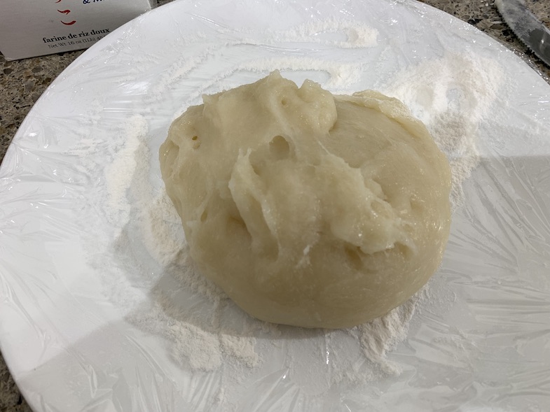 Mochi dough put on a plate to cool