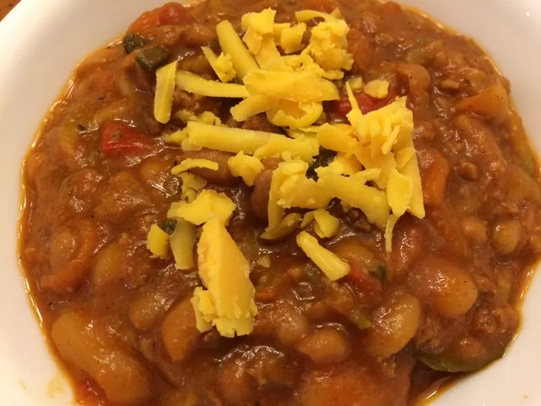 close up of my bowl of gluten-free chili 