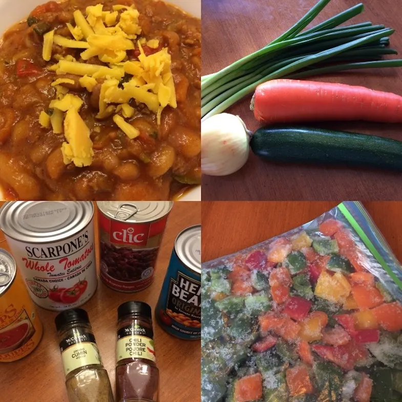 collage photo of gluten free chili ingredients and bowl with shredded cheese